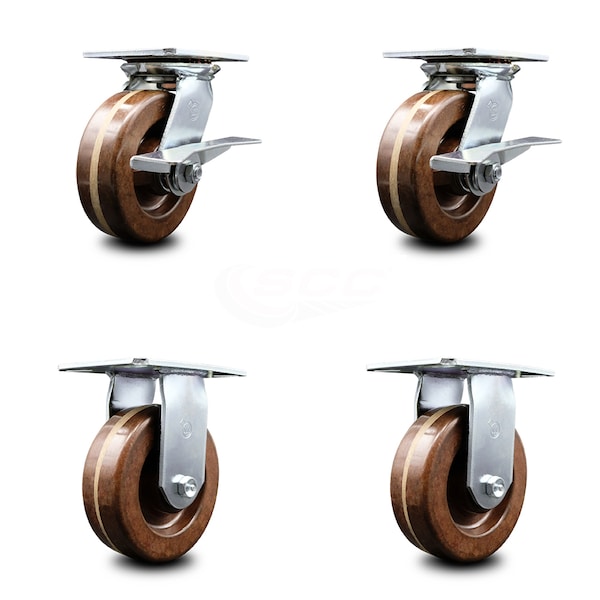 6 Inch High Temp Phenolic Caster Set with Roller Bearing 2 Brakes and 2 Rigid